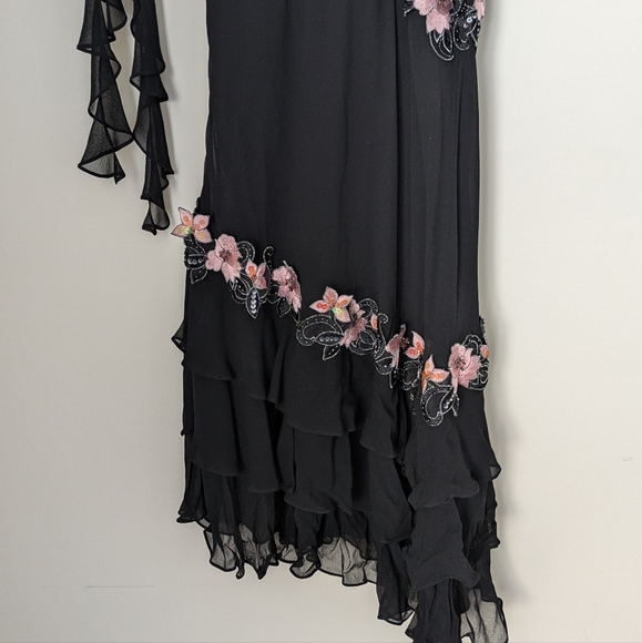Vintage Cache Black Pink Silk Asymmetrical Floral Beaded Slip Dress - Picture 11 of 12